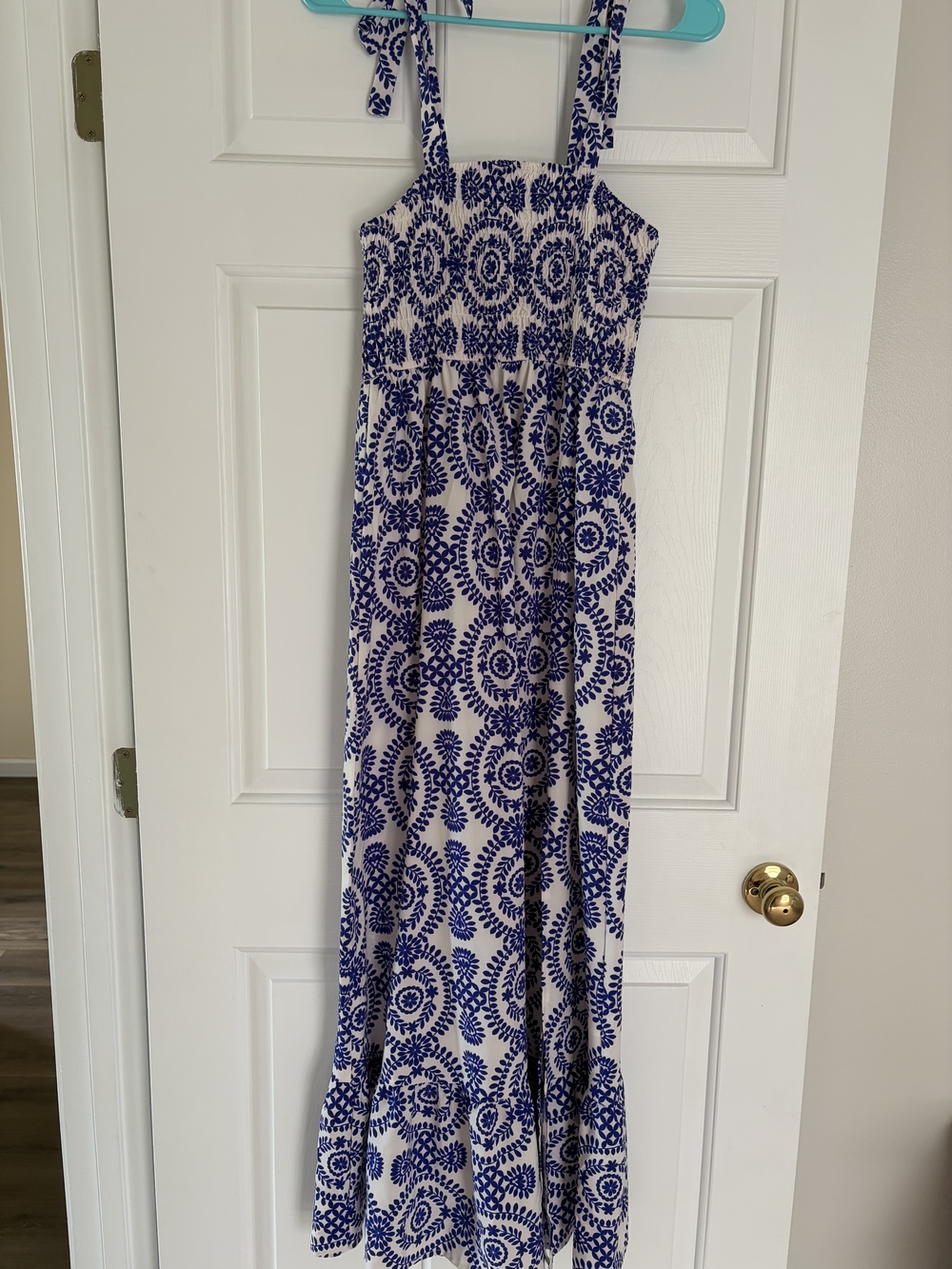 Cupshe Blue and White Printed Tie‑Strap Maxi Dress